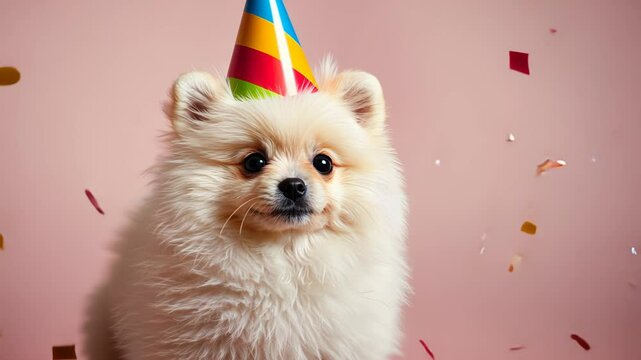 Adorable pomeranian in party hat with confetti celebration