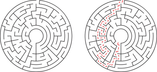 Circular maze illustration with two variations featuring unsolved and solved maze pathways