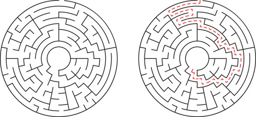 A circular maze illustration showing solution route with red dashed lines for problem solving concepts