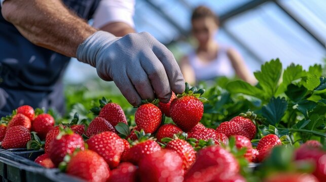 A man is picking strawberries in a field