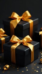 Fototapeta premium Luxury golden ribbon on black gift boxes Ideal for festive occasions , black, anniversary