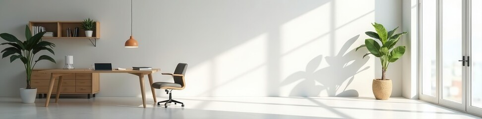 Fototapeta premium Clean minimalist office, large empty banner for branding, office, modern, desk