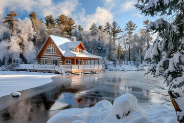 A Stunning Log Cabin Nestled on a Frozen Lake, Winter Wonderland Scene with Snow-Covered Trees, Reflecting Beauty in the Still Water, Serene Winter Escape by the Water's Edge, Snowy Landscape