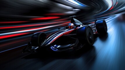 A racing car is speeding down a track