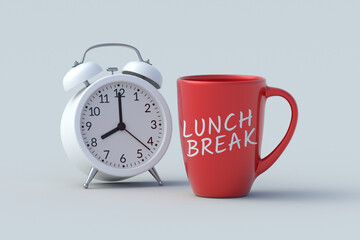 Lunch break words on cup near alarm clock. Pause during work. Relax time. Rest concept. 3d render