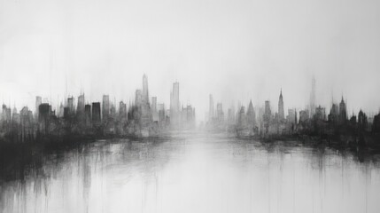 City skyline reflection monochrome urban sketch illustration