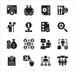 Fototapeta premium Business management flat icon set. Contains symbol of hierarchy, data, reward, work, money, employee, businessman, target, finance, lunchtime, success, task, shop, meeting, job. Vector illustration