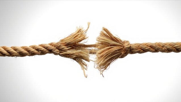 A thick beige rope snapped in two on a light gray background.