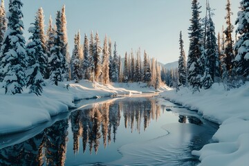 Obraz premium Winter Wonderland: Serene River Reflects Snow-Covered Coniferous Forest at Sunrise, a Picturesque Frozen Landscape Displaying Nature's Beauty in a Breathtaking Panorama.