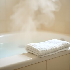 Steam rising from a warm bath, towel neatly folded on the edge.