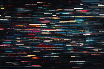 Abstract digital glitch art.  Colorful horizontal lines overlayed on a dark background, creating a dynamic visual effect