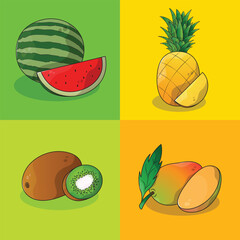 Set of summer fruits. watermelon, kiwi, mango, pineapple illustrations.