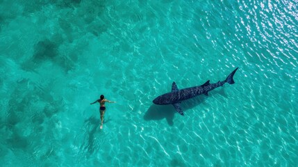 A woman is swimming in the ocean next to a shark