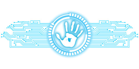 Tech palm hand, symbolizing digital access, biometric security, and innovation. Ideal for cybersecurity, technology, ID scan, and futuristic system design.