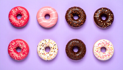 Colorful donuts on purple background. Tasty dessert. Sweet food.