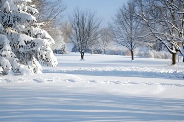 Fototapeta premium Winter Wonderland: Snow-Covered Trees and Landscape under a Bright Sunny Sky, Creating a Serene and Picturesque Scene of Winter's Beauty, Showing Tranquil Nature in its Snowy Glory.