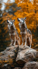 Two wolves on a rock, autumnal backdrop