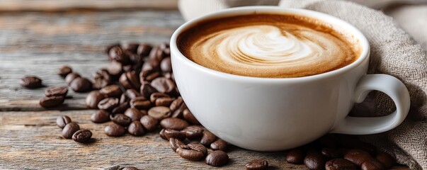 Fototapeta premium Coffee art latte on table with beans and warm tone concept. A cozy coffee cup with latte art on a rustic wooden table.