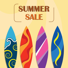 Summer sale post template. Set of colorful illustrations surfboards. collection of extreme activity equipment for surfing.