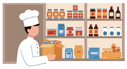 Chef Organizing Kitchen Pantry. Food Supplies, Ingredients, and Groceries on Shelves in a Stockroom.