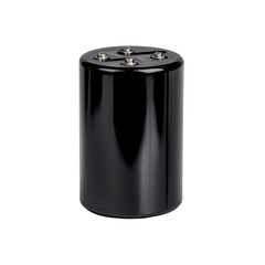 Cylindrical lithium-ion battery cells with visible terminals and standard labeling, neatly arranged, on transparent background