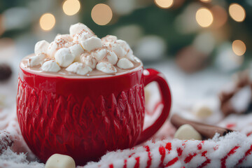Cozy Christmas Hot Chocolate with Marshmallows in a Red Mug