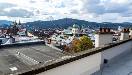 Rooftop View of Distinctive Architecture and Scenic Landscape Below