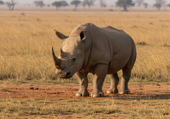 Fototapeta premium An impressive white rhinoceros standing proudly in a sunlit savanna field.