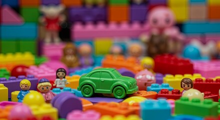 A green toy car is sitting on a pile of colorful blocks