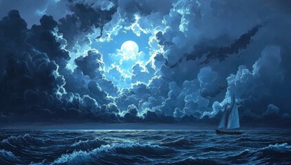 A lone sailboat navigates a moonlit sea, with a vast expanse of dark clouds overhead