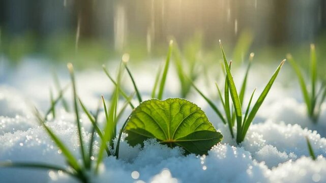 Macro time-lapse shot of shiny particles of melting snow and open green grass and leaf. Change of season from winter to spring in the forest.