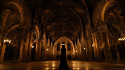 Obraz premium Silhouette queen crown gothic cathedral hall dramatic lighting