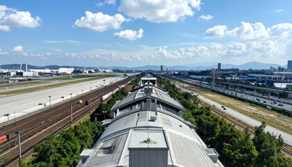 Fototapeta premium Rooftop View of Busy Highway, Train Yard, and Airport Landscape