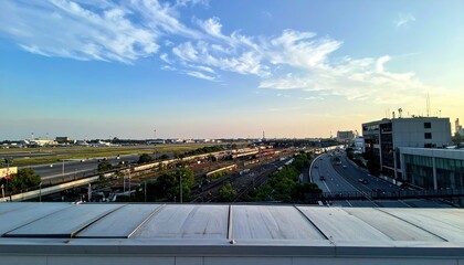 Rooftop View of Busy Highway and Transportation Yard at Airport
