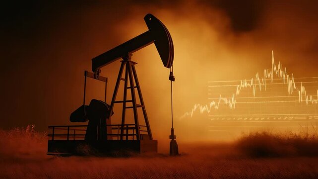 Oil pump jack extracting crude oil from the ground at night with a projected chart in the background showing an increasing trend in oil prices, suggesting a positive outlook for the oil industry