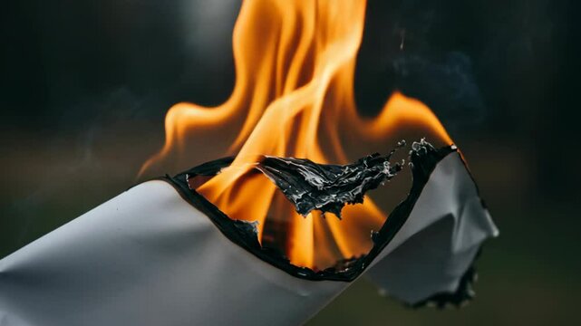 Burning paper with flames and smoke against a dark background  