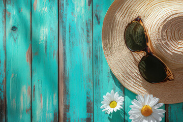 Stylish Sunglasses and Straw Hat on a Teal Painted Wooden Background