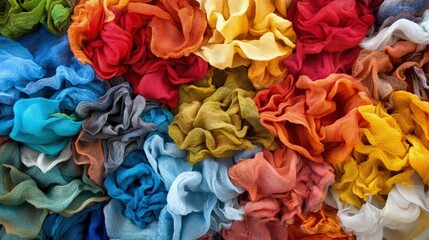 A vibrant, textured collection of crumpled fabrics in diverse, rich colors