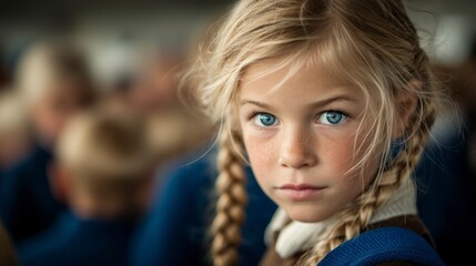 Fototapeta premium Emotional Farewell: A Young Girl’s School Event Moment Captured