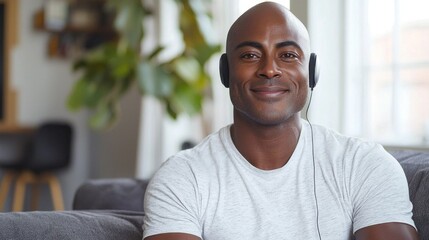 Fototapeta premium Smiling Man Enjoying Music at Home with Headphones on a Couch