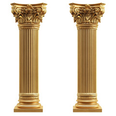 Fototapeta premium Golden Corinthian Columns, Double, Isolated on Transparent Background, 3D Render, Architecture, Column, Classical, Gold