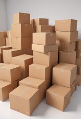 Several brown cardboard boxes arranged on a bright white surface ,  brown kraft,  sustainable