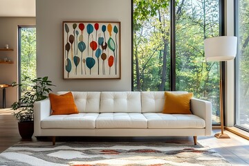 Modern living room design featuring cozy white sofa and colorful art bright natural light contemporary style