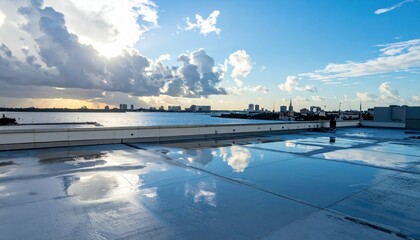 Serene Rooftop View with Water Reflections and Scenic Skyline