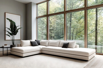 Cozy living room design featuring modern sofa serene nature view interior space contemporary style