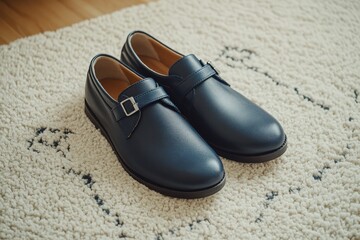 Pair of navy blue leather shoes with a buckle on a beige rug.