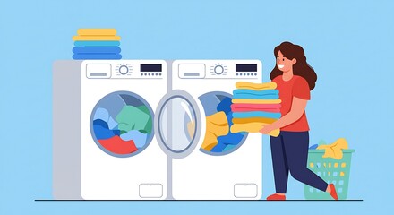 Smiling woman doing laundry, holding fresh clothes next to washing machines. Household chore illustration.
