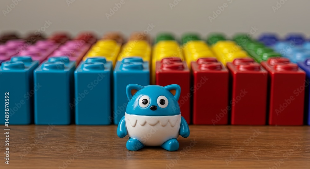 Poster A blue toy cat is standing in front of a pile of colorful blocks