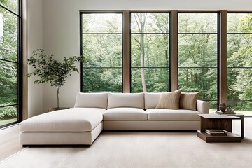 Modern living room design nature view interior photography relaxing environment minimalist aesthetic