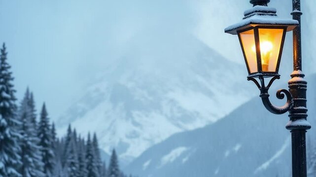 Snow covered mountain landscape with ornate street lamp in soft lighting